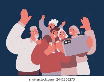 Cartoon vector illustration of big family holding a phone with a family photo on the screen. Photo of a large family using modern technology. Three generation over dark backround