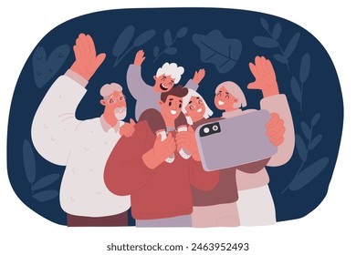 Cartoon vector illustration of big family holding a phone with a family photo on the screen. Photo of a large family using modern technology. Three generation chat in video call over dark backround