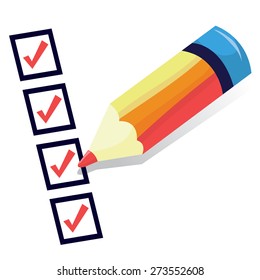 A cartoon vector illustration of a big fat pencil ticking off a check list.