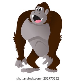 A cartoon vector illustration of a big happy gorilla standing. The gorilla character is isolated from the white background.