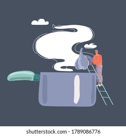 Cartoon vector illustration of big pot with tossed up vegetables isolated on dark.