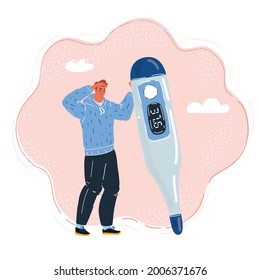 Cartoon, Vektorgrafik des großen Thermometers, Mann, der sein Fieber misst.
