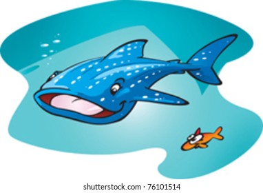 A cartoon vector illustration of the biggest fish in the ocean. A happy whale shark cruising the big blue with his little mate.