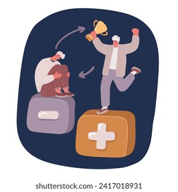 Ilustración vectorial de dibujos animados del concepto de trastorno bipolar. El hombre sufre de cambios de humor, mostrando manía y período de depresión. Personalidad fraccionada, depresión maníaca, trastorno mental sobre fondo oscuro