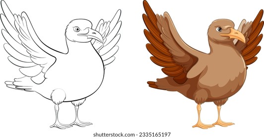 A cartoon vector illustration of a bird standing with its wings open, ready to fly