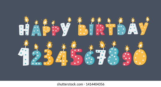 Cartoon vector illustration of Birthday Anniversary Numbers Candle with Funny Character & Birthday Party Invitation Card Template