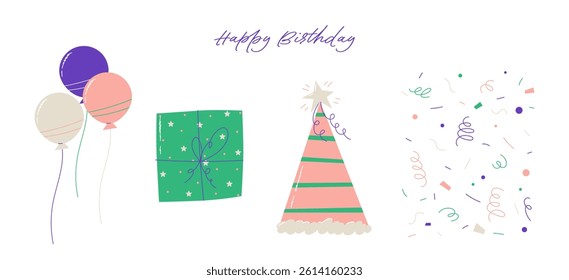 Cartoon vector illustration with birthday balloons, present, party hat, and confetti. Perfect for greeting cards, posters, party invitations, and celebration visuals