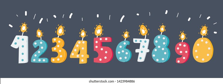 Dibujo vectorial de la quema de velas de cumpleaños numeran formas con llamas ardientes aisladas en fondo oscuro.