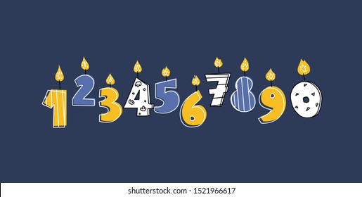 Cartoon vector illustration of Birthday burning candles numbers shapes with burning flames isolated on dark background.