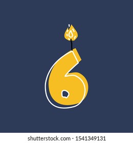 Cartoon vector illustration of Birthday burning candle number six shape with burning flame isolated on dark background.