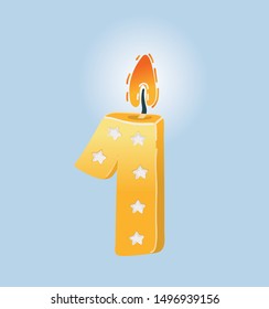 Cartoon vector illustration of birthday candle, sign Number One Holding Up A First Birthday Cake