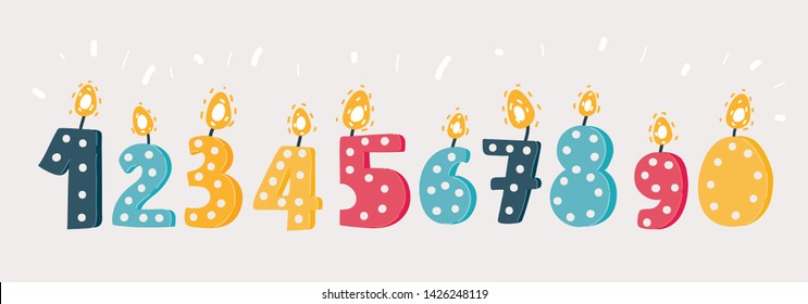 Cartoon vector illustration of of birthday candles numbers set on white.