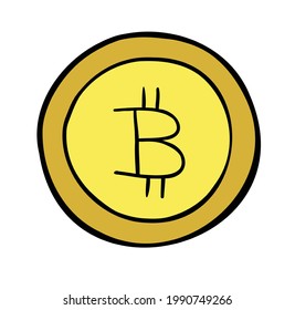 Cartoon vector illustration of bitcoin coin. Colored and black outlines.