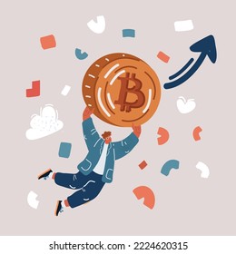 Ilustración vectorial de dibujos animados del símbolo de pago de Bitcoin. El hombre sostiene la moneda y vuela