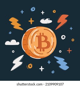 Ilustración vectorial de dibujos animados del icono de señas de Bitcoin para dinero de internet. Símbolo de moneda criptográfica e imagen de moneda para su uso en proyectos web o aplicaciones móviles. Cicriptodivisa segura basada en Blockchain.