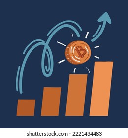 Cartoon vector illustration of bitcoin sign Cryptocurrency growth concept over dark backround