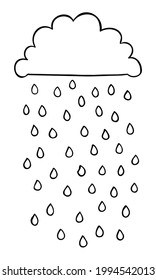 Cartoon vector illustration of black cloud and rain. Black outlined and white colored.