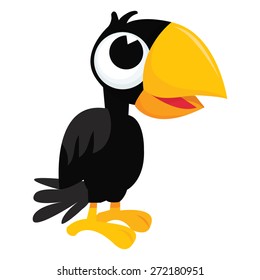 A cartoon vector illustration of a black cute crow standing straight.