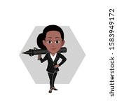 cartoon vector illustration of a black / ebony / African woman wearing an office uniform standing holding a rocket launcher. a fierce boss interpretation. Isolated with white background.