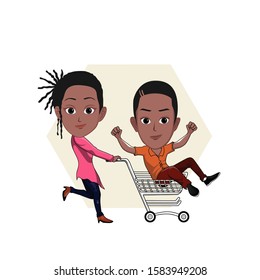 cartoon vector illustration of a black / ebony / African woman pushing a shopping trolley where her man is sitting in front. Isolated with white background.