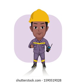 cartoon vector illustration of a black engineer wearing a full uniform with a helmet and holding a walkie talkie in his hand. Isolated illustration on white background.