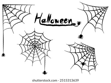 Cartoon vector illustration. Black lines on white background of spider and web with handwritten lettering. Halloween festival held every year on October 31st.