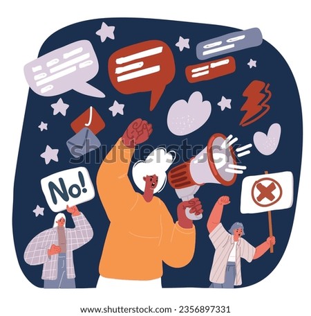 Cartoon vector illustration of Black lives matter, crowd of people protesting for their rights. Holding posters in hands, no racism banner dark bachground