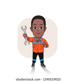 cartoon vector illustration of a black male mechanic posing while carrying a wrench in his hand. Isolated illustration on white background.