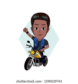 cartoon vector illustration of a black man sitting on a large motorcycle with rider clothes and his right hand clenching up. Isolated with white background.