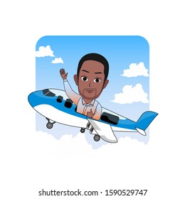 cartoon vector illustration of a black man traveling on a commercial airplane and waving his hand. Isolated with white background.