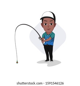 Cartoon Vector Illustration Of A Black Man Fishing. Isolated With White Background.