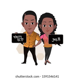 cartoon vector illustration of a black man carrying a board that says marry me. While the woman next to him carries a sign that reads yes. Isolated with white background.