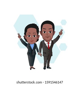cartoon vector illustration of the black man and woman in office attire suits standing pose forming peace gesture with his hands. Isolated with white background.