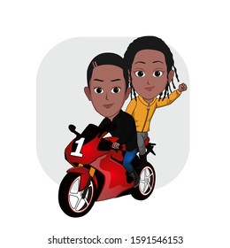 cartoon vector illustration black man riding red motor sport   piggybacking woman  Isolated and white background 
