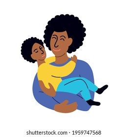 Cartoon vector illustration of black man with Afro hairstyle hugging and carrying boy. Father's day