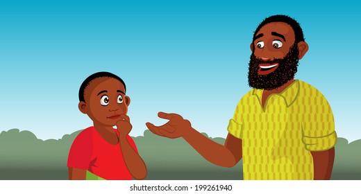 cartoon vector illustration of a cartoon illustration of a black man explaining to child