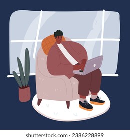 Cartoon vector illustration of Black Man working at computer. Isolated freelancer with PC. Programmer in office. Businessman sitting on armchair over dark backround