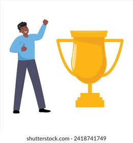 Cartoon vector illustration of a black man celebrating achievement with an award golden cup