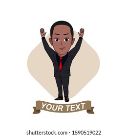 cartoon vector illustration of a black office worker wearing a tie tuxedo uniform and raising both hands. Isolated illustration on white background.