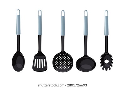 Cartoon vector illustration of black plastic cooking ladles, spatulas, and spoons with metal handles. Set of isolated kitchenware tools.