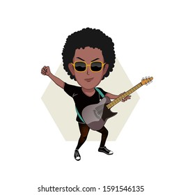 cartoon vector illustration of a black rock guitarist with Afro hair performing. His right hand balled up. Isolated with white background.