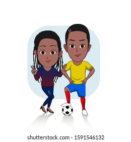 cartoon vector illustration of a black soccer player posing standing next to a woman. Isolated with white background.