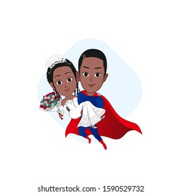 Cartoon Vector Illustration Of A Black Superhero Flying And Holding A Bride Carrying A Flower Bouquet. Isolated With White Background.