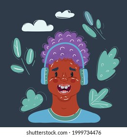 Cartoon vector illustration of black teenager boy listening to music on dark background.