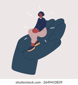Cartoon vector illustration of Black tiny Woman is sitting in the big hand