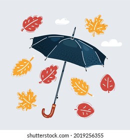 Cartoon vector illustration of black Umbrella and autumn leaves arround it. Isolated on white background.