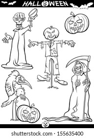 Cartoon Vector Illustration of Black and White Halloween Themes Set for Coloring Book or Page