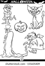 Cartoon Vector Illustration of Black and White Halloween Themes Set for Coloring Book or Page