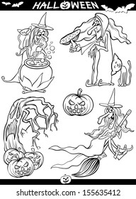 Cartoon Vector Illustration of Black and White Halloween Themes Set for Coloring Book or Page