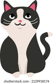 A cartoon vector illustration of a black and white cute cat.